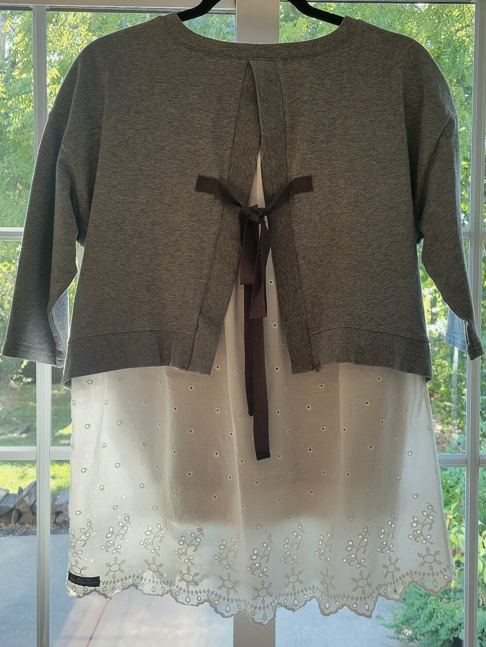 Matilda Jane In the Clouds Top XS NWT Gray White Shirt Layered Split Back Lace